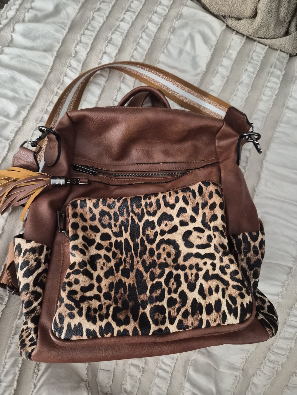 Leopard Print Brown Leather Tote Backpack